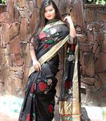 Black hand woven pure organza saree with blouse