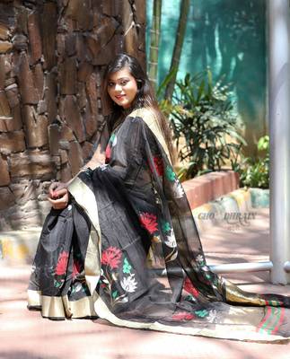 Black hand woven pure organza saree with blouse 4