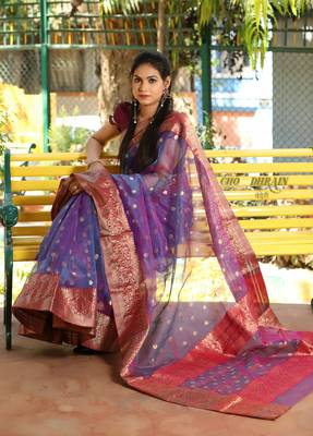 Dark lavender hand woven chanderi silk saree with blouse 2