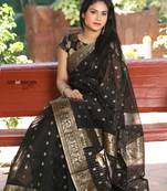 Black hand woven chanderi saree with blouse