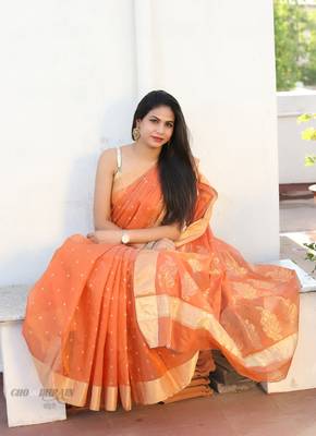 Orange hand woven chanderi saree with blouse 2
