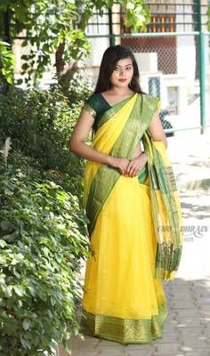 Yellow hand woven chanderi silk saree with blouse 1