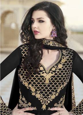 Black embroidered faux georgette semi stitched salwar with dupatta 2