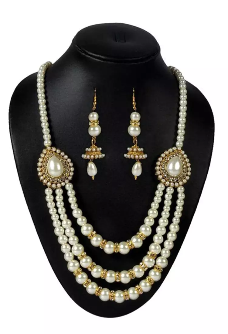 Pearl 3 Line pendant Necklace Set