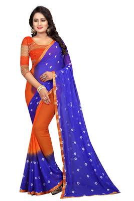Orange Printed Chiffon Saree With Blouse 1
