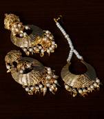 Traditional Look Pearl and Leafy Dangler Earrings cum Maang Tikka