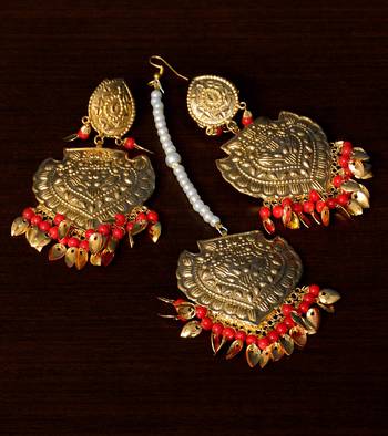 Traditional Look Red Beaded and Leafy Dangler Earrings cum Maang Tikka 1