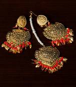 Traditional Look Red Beaded and Leafy Dangler Earrings cum Maang Tikka