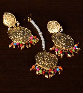 Multicolored Beaded Leafy Dangler Earrings cum Maang Tikka 1