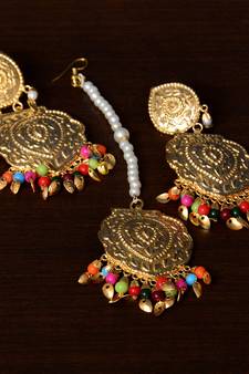 Multicolored Beaded Leafy Dangler Earrings cum Maang Tikka