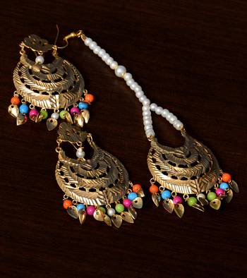 Multicolored Beaded Tradional Look Leafy Dangler Earrings cum Maang Tikka 1