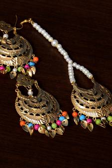 Multicolored Beaded Tradional Look Leafy Dangler Earrings cum Maang Tikka