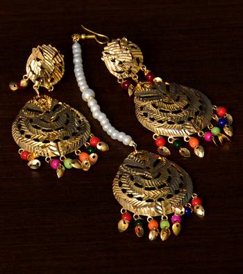 Traditional Look Multicolored Beaded and Leafy Dangler Earrings cum Maang Tikka 1