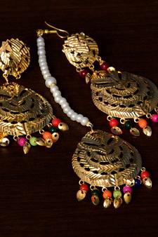 Traditional Look Multicolored Beaded and Leafy Dangler Earrings cum Maang Tikka
