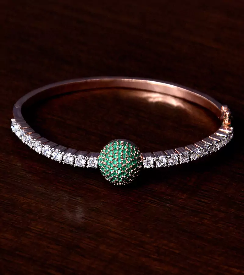 Rose Gold Plated Emerald Stone and Diamond Embellished Light Weight Bracelet