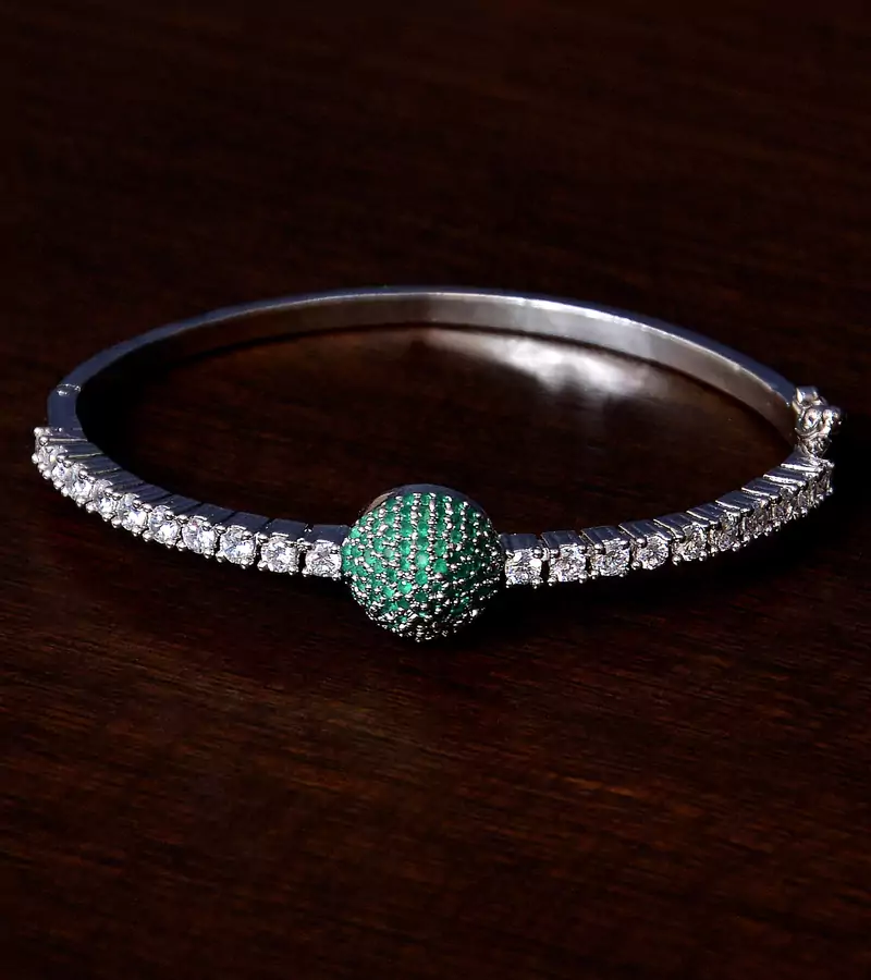 Rhodium Plated Emerald Stone and Diamond Embellished Light Weight Bracelet