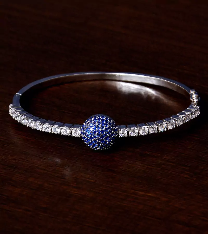 Rhodium Plated Sapphire Stone and Diamond Embellished Light Weight Bracelet