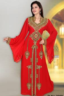 Red embroidered georgette islamic-kaftans