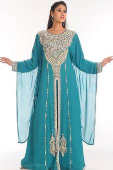Sky-blue embroidered georgette islamic-kaftans