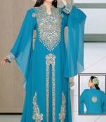 Sky-blue embroidered georgette islamic-kaftans