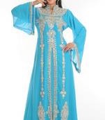 Sky-blue embroidered georgette islamic-kaftans
