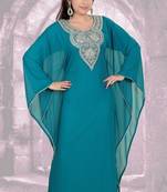 Teal-green embroidered georgette islamic-kaftans