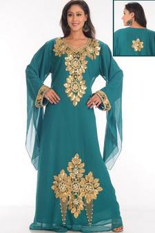 Sky-blue embroidered georgette islamic-kaftans