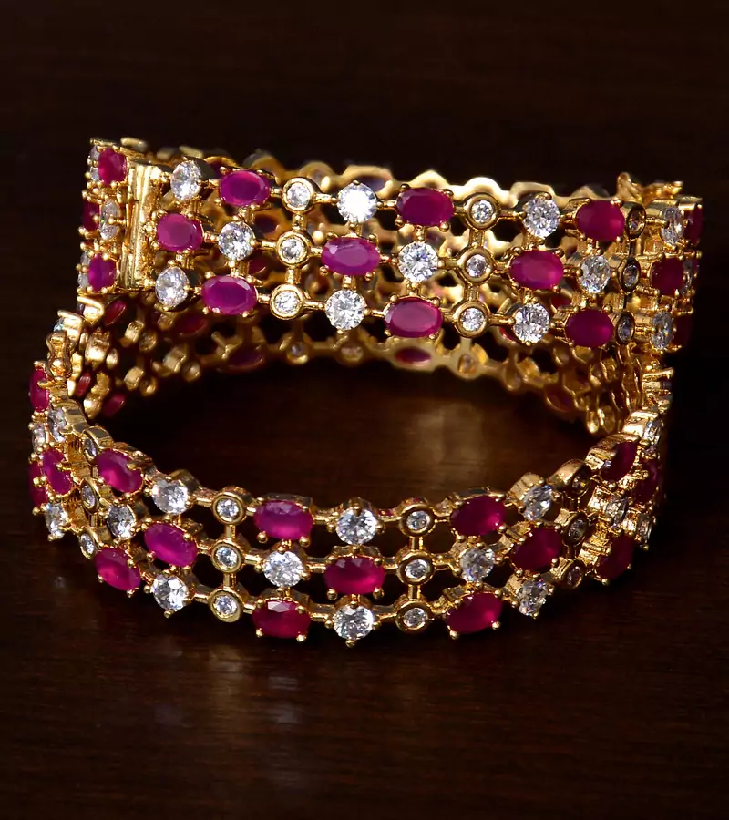 Ruby, CZ and Diamond Embellished Pair of Openable Bangles for Women