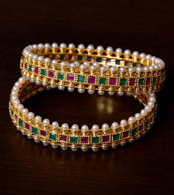 Ruby, Emerald and Pearls Embellished Gold Plated Pair of Designer Bangles 1