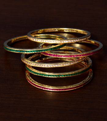 Ruby, Diamond and Emerald Embellished Three Pairs of Designer Bangles for Women 1