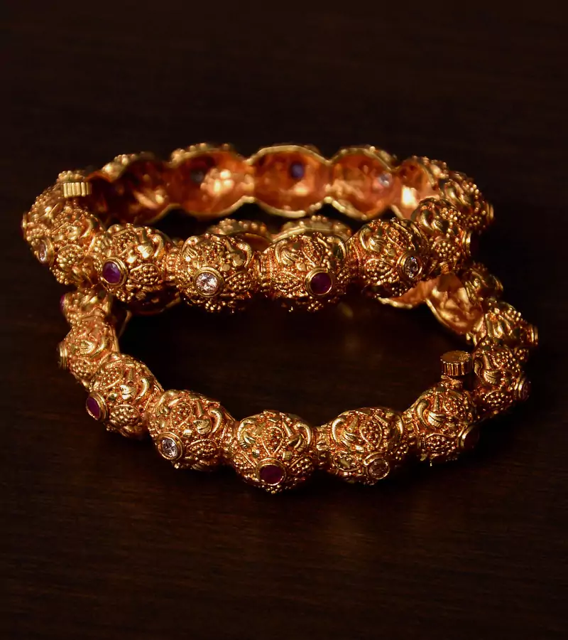 Ruby and Kundan Stone Embellished Gold Plated Temple Worked Bangles