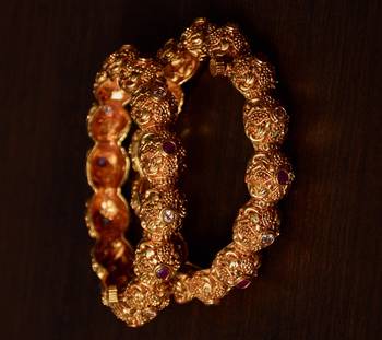 Ruby and Kundan Stone Embellished Gold Plated Temple Worked Bangles 2