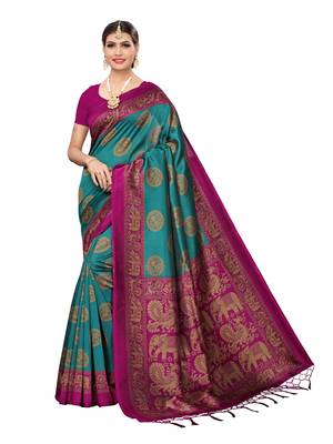 Turquoise printed poly silk saree with blouse 1