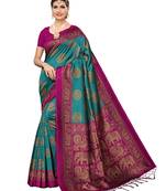 Turquoise printed poly silk saree with blouse
