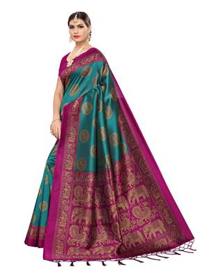 Turquoise printed poly silk saree with blouse 2