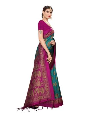 Turquoise printed poly silk saree with blouse 3