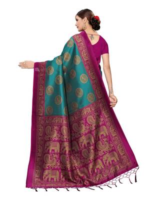 Turquoise printed poly silk saree with blouse 4