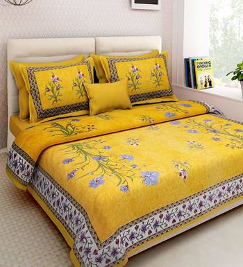 Flower Plant Design Yellow Cotton King Size Double Bed Sheet with 2 Pillow Cover 1