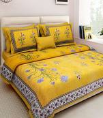 Flower Plant Design Yellow Cotton King Size Double Bed Sheet with 2 Pillow Cover