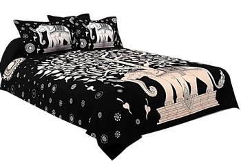 Tree on Elephant Black Cotton King Size Double Bed Sheet with 2 Pillow Cover 1