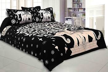 Tree on Elephant Black Cotton King Size Double Bed Sheet with 2 Pillow Cover 2
