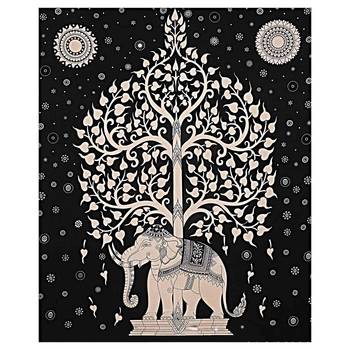 Tree on Elephant Black Cotton King Size Double Bed Sheet with 2 Pillow Cover 3