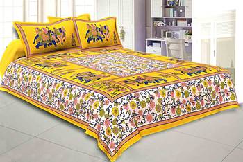 Flower & Elephant Print Yellow Cotton King Size Double Bed Sheet with 2 Pillow Cover 1