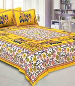Flower & Elephant Print Yellow Cotton King Size Double Bed Sheet with 2 Pillow Cover
