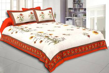 Flower Plant Design Cream & Orange  King Size Double Bed Sheet with 2 Pillow Cover 1