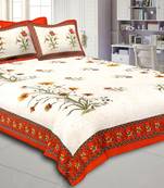 Flower Plant Design Cream & Orange  King Size Double Bed Sheet with 2 Pillow Cover