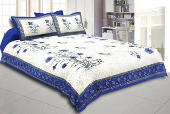 Flower Pattren White & Blue  King Size Double Bed Sheet with 2 Pillow Cover 1