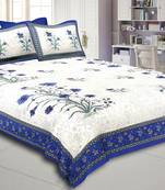 Flower Pattren White & Blue  King Size Double Bed Sheet with 2 Pillow Cover