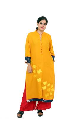 Yellow printed rayon kurtas-and-kurtis 1