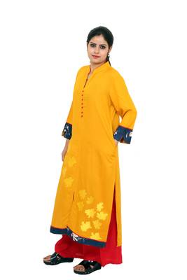 Yellow printed rayon kurtas-and-kurtis 2